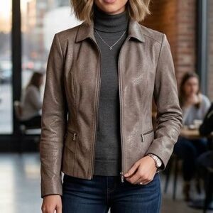 Conrad C Snakeskin Reptile Faux Suede Zip Jacket Taupe Grey Luxury Moto Edgy